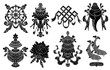 Design set with eight black silhouettes of auspicious symbols of Buddhism isolated on white.