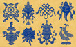 Design set with eight blue silhouttes of auspicious symbols of Buddhism.