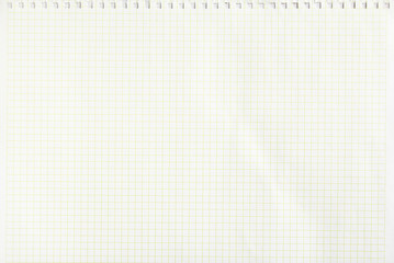 Closeup white checkered notebook sheet of paper texture background. Horizontal image.