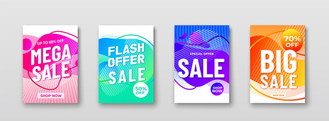 Poster - sale offer abstract vector backgrounds with liquid gradient shapes, lines, promo text. motion graphi