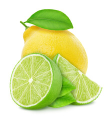 Wall Mural - Composition with citrus fruits - lime and lemon isolated on a white background in full depth of field with clipping path.