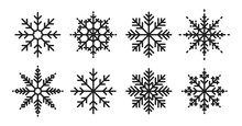Snowflakes Big Set Icons. Flake Crystal Silhouette Collection. Happy New Year, Xmas, Christmas. Snow, Holiday, Cold Weather, Frost. Winter Design Elements. Vector Illustration.