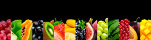 Collage Of Fruits Isolated On Black Background With Copy Space