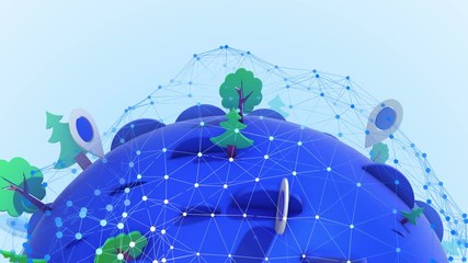 Poster - Simple 3d rendering of world map with pins and trees on a light blue background. Some space for a text. Loopable.