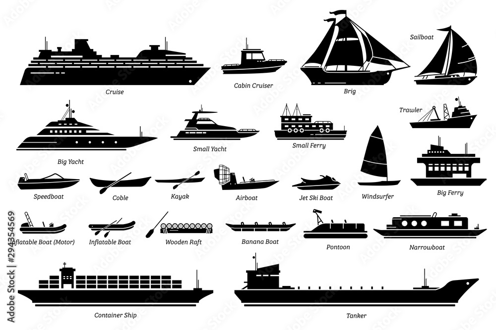 List of different type of water transportation, ships, and boats icon set. Artwork of cruise, brig, sailboat, yacht ferry, trawler, speedboat, jet ski, windsurfer, pontoon, container ship, and tanker. - obrazy, fototapety, plakaty 