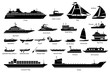 © leremy - List of different type of water transportation, ships, and boats icon set. Artwork of cruise, brig, sailboat, yacht ferry, trawler, speedboat, jet ski, windsurfer, pontoon, container ship, and tanker.