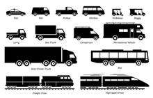 List Of Commercial Landed Vehicles Transportation Icons. Illustrations Artwork Depict Land Transport For Commercial  Work. These Are Taxi, Van, Pickup, Truck, Bus, Lorry, And Train.