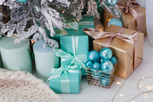 Christmas, Christmas Background Lot Of Gifts Under The Tree Turquoise Tones