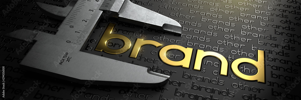 Business Concept with Golden Word BRAND on Black Background and Vernier Caliper. - obrazy, fototapety, plakaty 