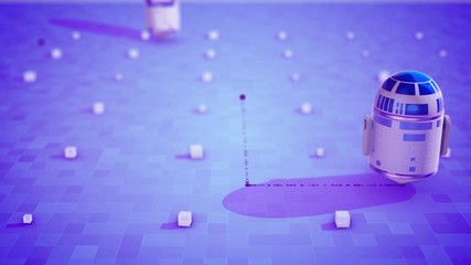 Poster - robot or droid is moving and leaving traces on a floor. 3d rendering. seamless loop animation.