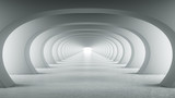 Fototapeta Przestrzenne - Abstract illuminated empty white corridor with round arches, bright light and shadows. Concept for art, interior design and futuristic background 3D rendering. Clean indoor architectural illustration
