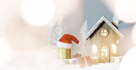 Wall Mural - Christmas card with house in snow