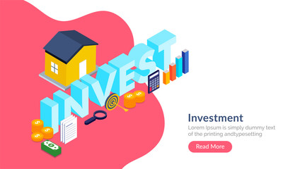 Sticker - Property Invesment concept, 3d text Invest with inforgraphic elements. Responsive template design.