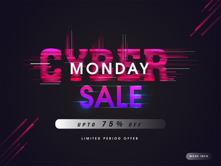 Sticker - Creative lettering of Cyber Monday sale with 75% discount offer and abstract elements on black background.