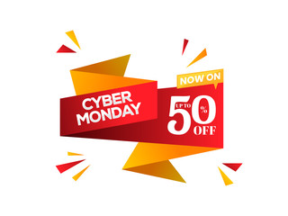 Sale ribbon or tag design with 50% discount offer on white background for Cyber Monday Sale.