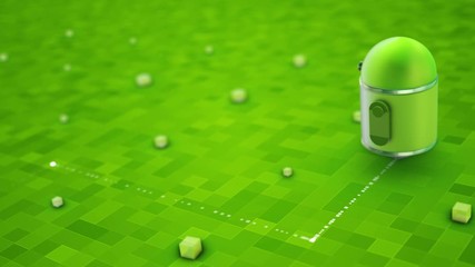 Poster - artificial intelligence concept. droid makes traces on a checkered floor and a green colored backgro
