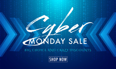 Shiny blue matrix coding background with text Cyber Monday Sale for advertisement concept.