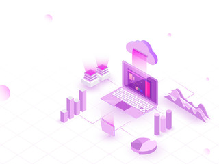 Sticker - Isometric illustration of laptop connected to cloud with 3D bar graph and infographic elements, web template design for Data Analysis concept.