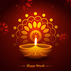 Sticker - Happy Diwali greeting card design with realistic oil lamp on brown floral background for Indian Festival celebration concept.