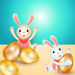 Wall Mural - Cute bunnies with golden easter eggs illustration on glossy background for Happy Easter celebration concept.