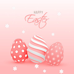 Sticker - Illustration of realistic printed easter eggs on glossy pink background for Happy Easter celebration greeting card design.