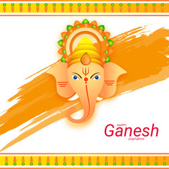 Sticker - Happy Ganesh chaturthi greeting card design with Lord Ganesha face on orange brush stroke background.