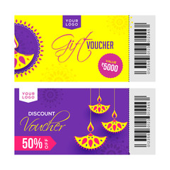 Canvas Print - Creative gift voucher or horizontal template layout with illuminated oil lamps for Diwali Festival.