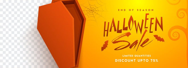 Sticker - Halloween Sale Header or Banner design with 75% discount offer and coffin on shiny orange background with space for your text.