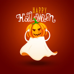 Sticker - Scary pumpkin in ghost costume with creative lettering of Happy Halloween on glossy brown background. Can be used as greeting card design.