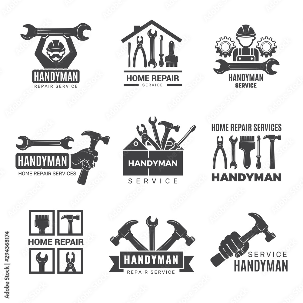 Handyman logo. Worker with equipment servicing badges screwdriver hand contractor man vector symbols. Equipment for repair and construction logo, service logotype toolbox illustration - obrazy, fototapety, plakaty 