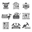 Handyman logo. Worker with equipment servicing badges screwdriver hand contractor man vector symbols. Equipment for repair and construction logo, service logotype toolbox illustration