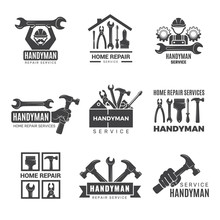Handyman Logo. Worker With Equipment Servicing Badges Screwdriver Hand Contractor Man Vector Symbols. Equipment For Repair And Construction Logo, Service Logotype Toolbox Illustration