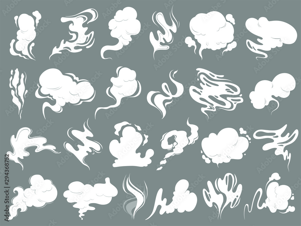 Smell clouds. Smoke from vapour or food toxic smell vector cartoon shapes. Illustration smoke vapour, smell and steam cloud - obrazy, fototapety, plakaty 