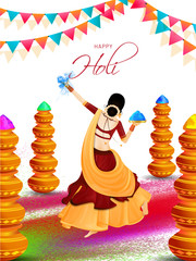 Wall Mural - Happy holi greeting card design with illustration of dancing lady character in traditional clothing.