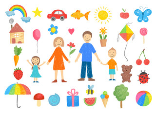 Poster - Kids drawings. How to draw little childrens pencil colored crayon hand drawn toys smiling peoples funny pictures vector illustrations. Drawn family mother father with children smile, drawing toys