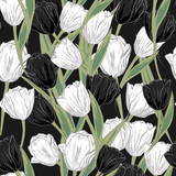 Fototapeta Kwiaty - Vector white black tulips background. Stylized drawn flowers backdrop. Seamless pattern for wallpapers, pattern fills, web page backgrounds, surface textures, fabric, carpet, home decor