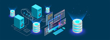 Isometric Desktop Connected To Servers And Database On Blue Background For Data Center Concept Based Isometric Design.
