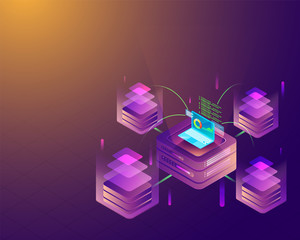 Wall Mural - isometric illustration of laptop connected with four servers data for data center concept.