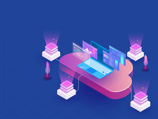 Canvas Print - Multiple cloud data server connected to laptop on blue background, isometric design for Data Management concept.