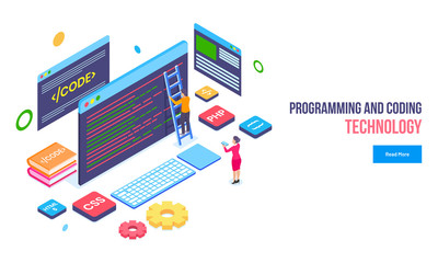 Wall Mural - Programming and Coding Technology concept, miniature programmer fixing the problem, website under maintenance and illustration of equipments on white background.