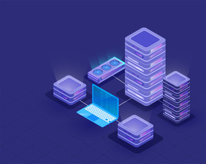 Canvas Print - 3D data server connected with laptop and mini server on blue background for Data Center concept.