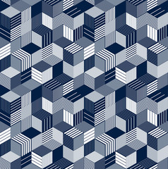 3D cubes seamless pattern vector background, lined dimensional blocks, architecture and construction, geometric design.