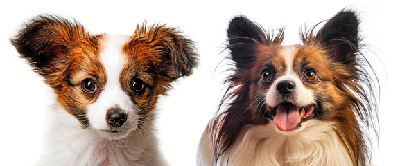 Wall Mural - cute papillon puppy and adult dog isolated over white background