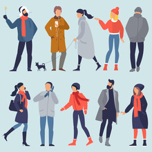 Set Of Vector People Characters Wearing Winter Clothes . Seasonal Design Elements Set For Christmas And New Year Banner, Poster, Card, Presentation, Website And Mobile App Design.