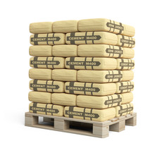Large Paper Cement Bags In Stack On Wooden Pallet.
