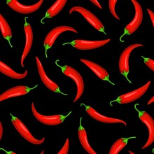 Red Hot Chilli Peppers On Black Background, Vector Pattern