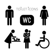 Toilet, Wc Icons Collection For Men, Ladies, Mother And Baby And Wheelchair Person. Lavatory Black Vector Icons Set