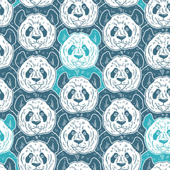 Wall Mural - Cute funny cartoon panda seamless pattern. Vector illustration hand drawn in lines. Trendy doodle background