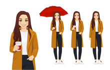 Young Beautiful Woman With Coffee. Autumn Outdoor Portrait Isolated Vector Illustration