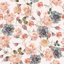 Beautiful Floral Vintage Pattern With Pastel Pink And Beige Rose Flowers